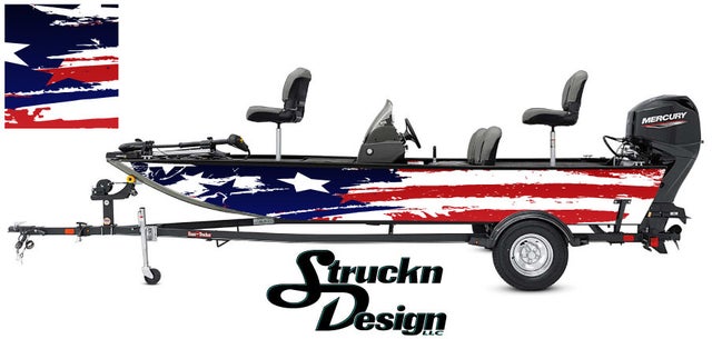 Distressed American Flag America Hunting Bass Fishing Fish Boat Design  Grunge Abstract Pontoon Vinyl Graphic Wrap Kit Decal Various Sizes DIY US  USA
